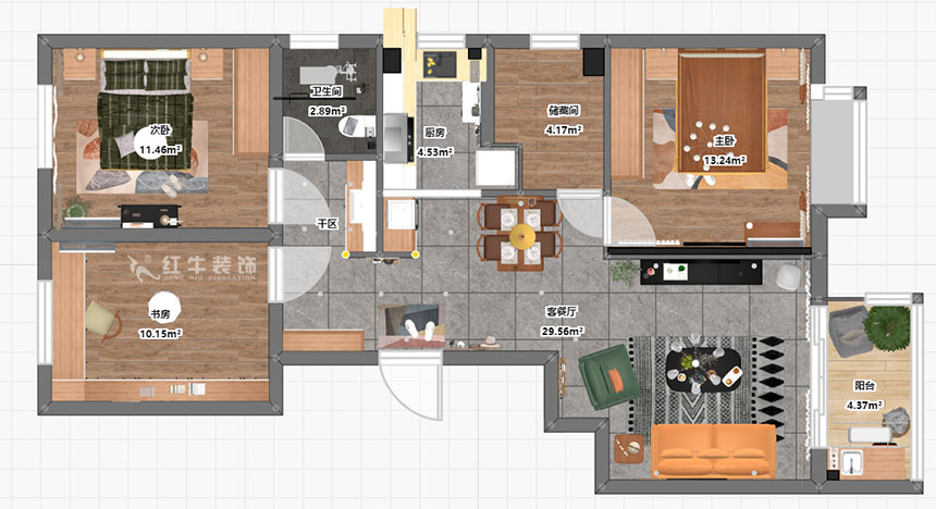 贾庭｜中垠紫金观邸4-1-901-105㎡-北欧风格｜3室2厅2卫｜新房装修｜定制家￥133000｜全包13